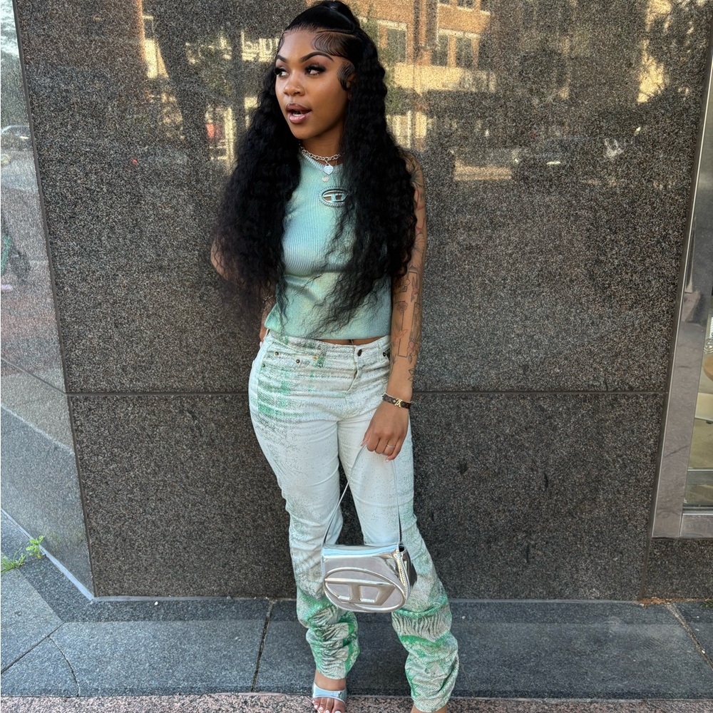Stylish Mint Green Outfit with Silver Bag